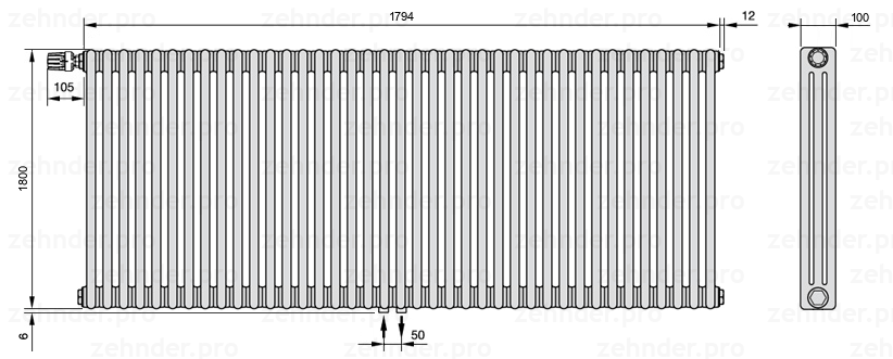 Схема (чертеж) Радиатор Zehnder Charleston 3180/39 №V007 Белый глянцевый RAL 9016